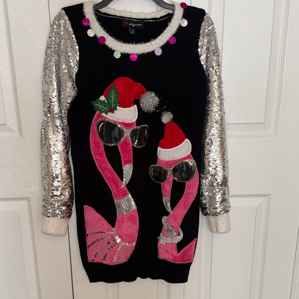 32 Degrees Black Sweater Dress with Pink Flamingo’s and Silver Sequins, EUC